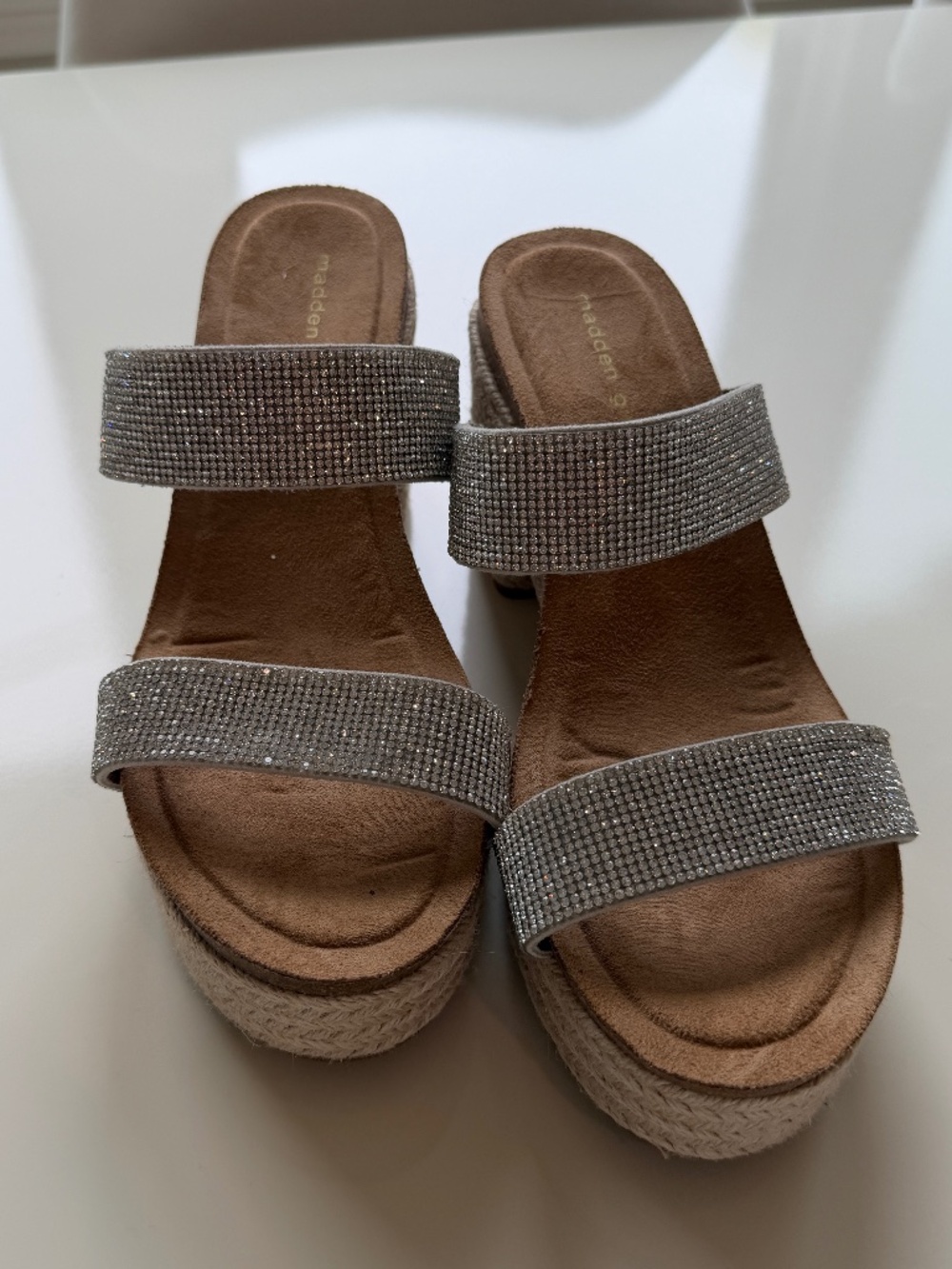 Madden Girl Emerson-R wedge sandals with rhinestone straps, women size 9